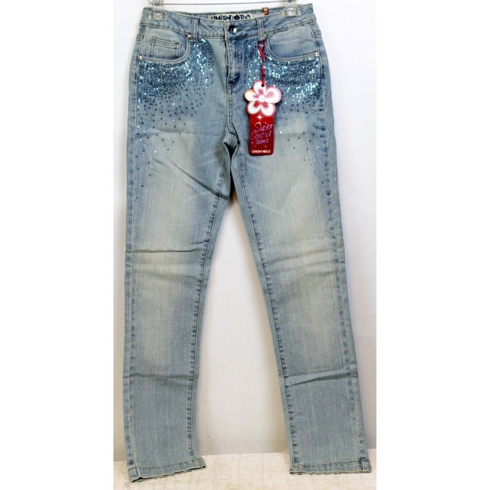 NWT Limited Too Girl Sz 16 Skinny Leg Light Wash Jeans Blue Sequin Embellishment